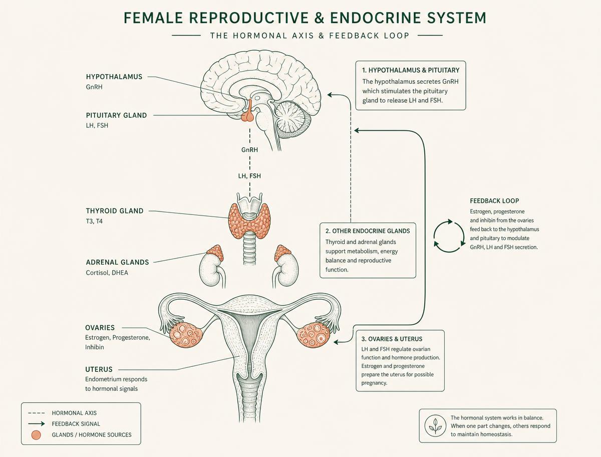 Diagram of the female endocrine axis linking the hypothalamus, pituitary, thyroid, adrenals, ovaries and uterus