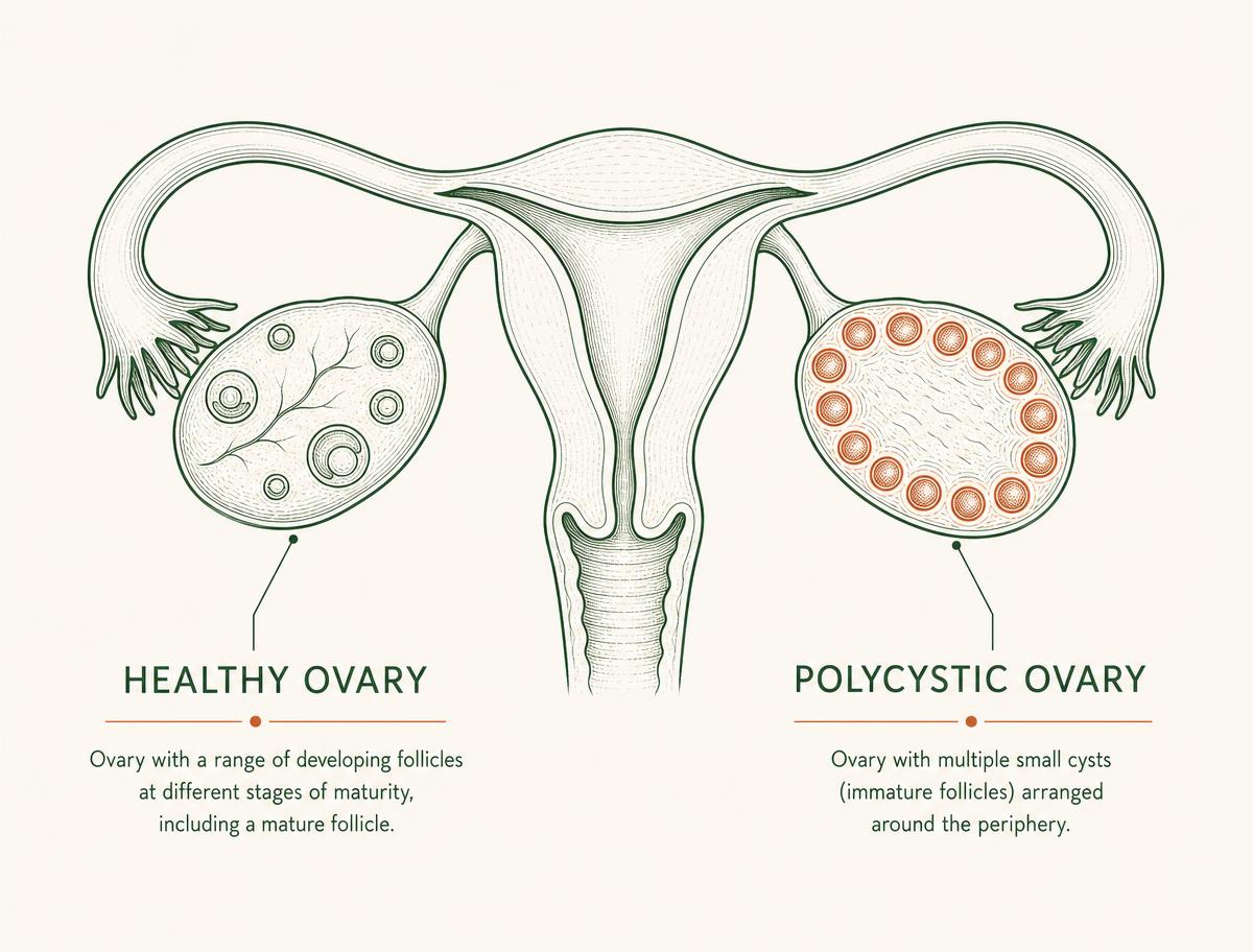 Anatomical comparison of a healthy ovary and a polycystic ovary with peripheral follicular cysts